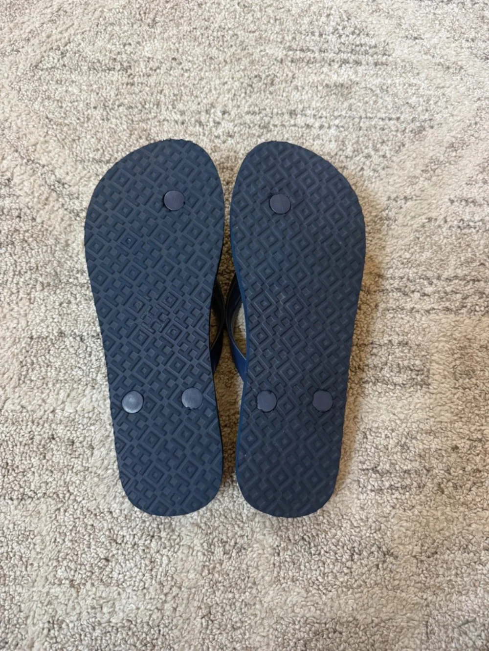 Tory Burch navy “poetry of things” flip flops, size 7 1/2